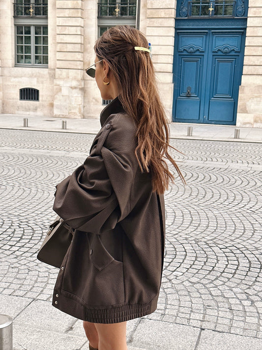 'SIENNA' FAUX LEATHER OVERSIZED MULTI WAY JACKET BROWN