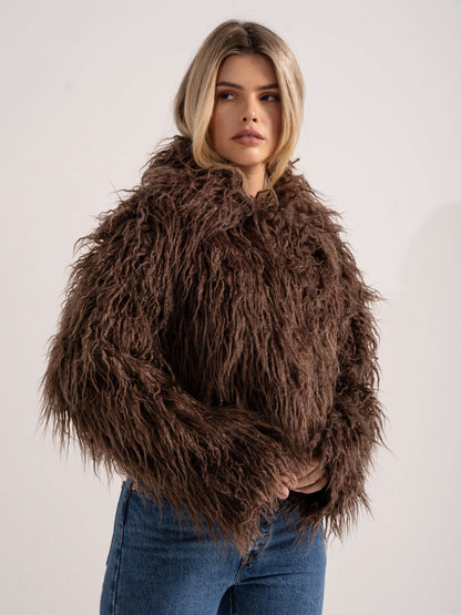 'XOXO' FAUX FUR CROPPED JACKET BROWN