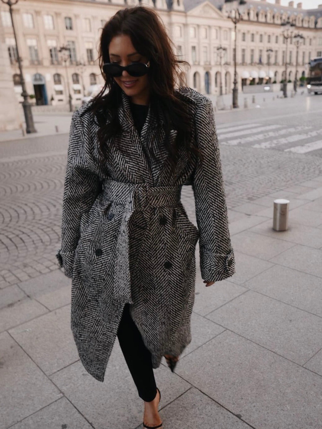 'MORGAN' HERRINGBONE DOUBLE BREASTED BELTED COAT BLACK