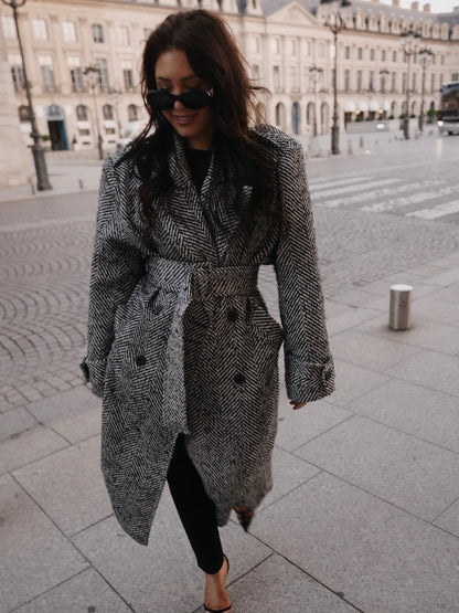 'MORGAN' HERRINGBONE DOUBLE BREASTED BELTED COAT BLACK