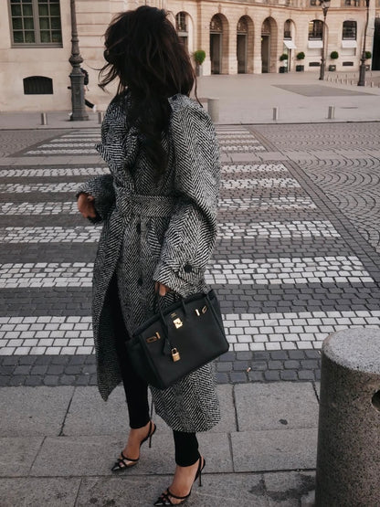 'MORGAN' HERRINGBONE DOUBLE BREASTED BELTED COAT BLACK