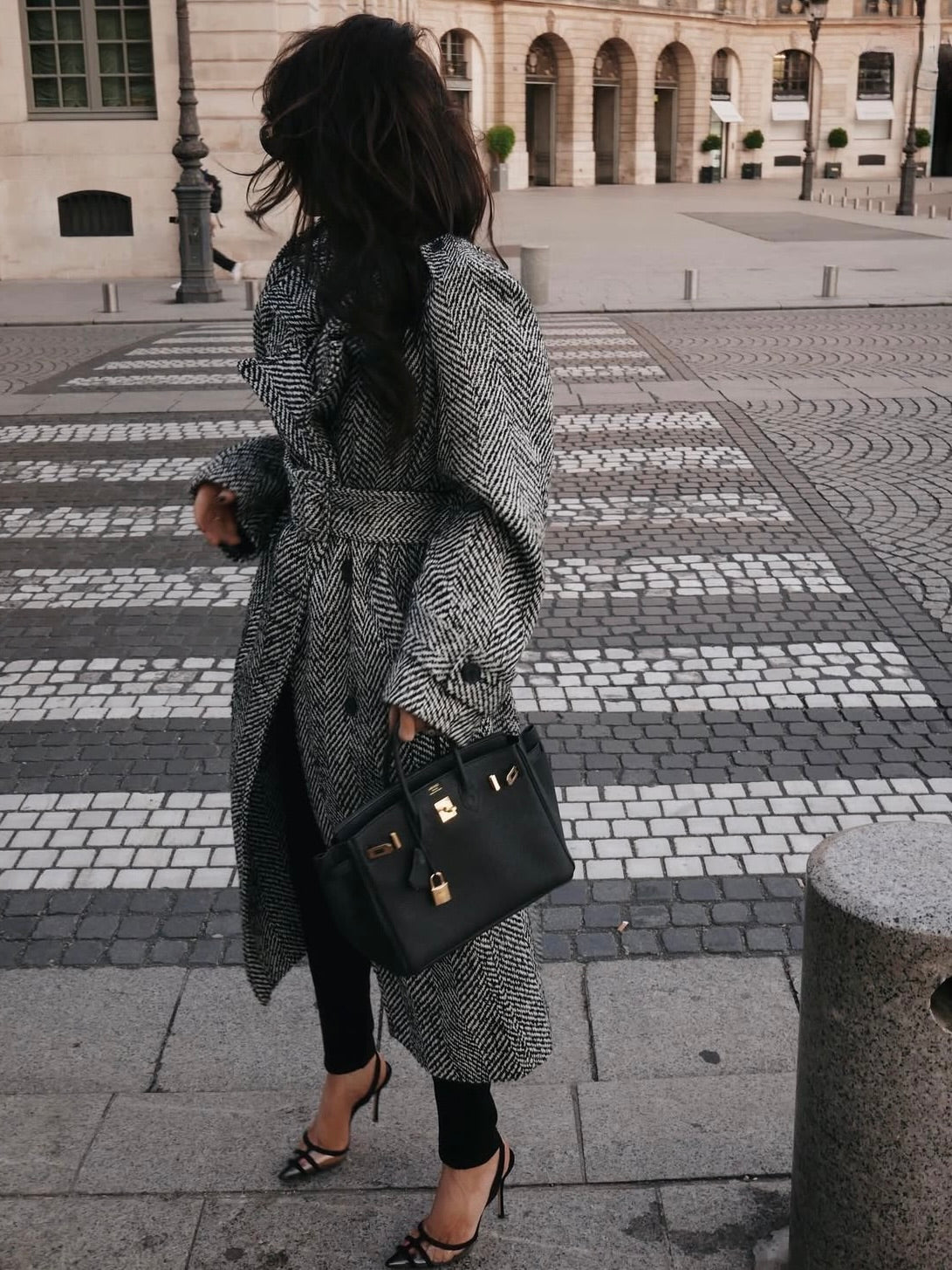 'MORGAN' HERRINGBONE DOUBLE BREASTED BELTED COAT BLACK