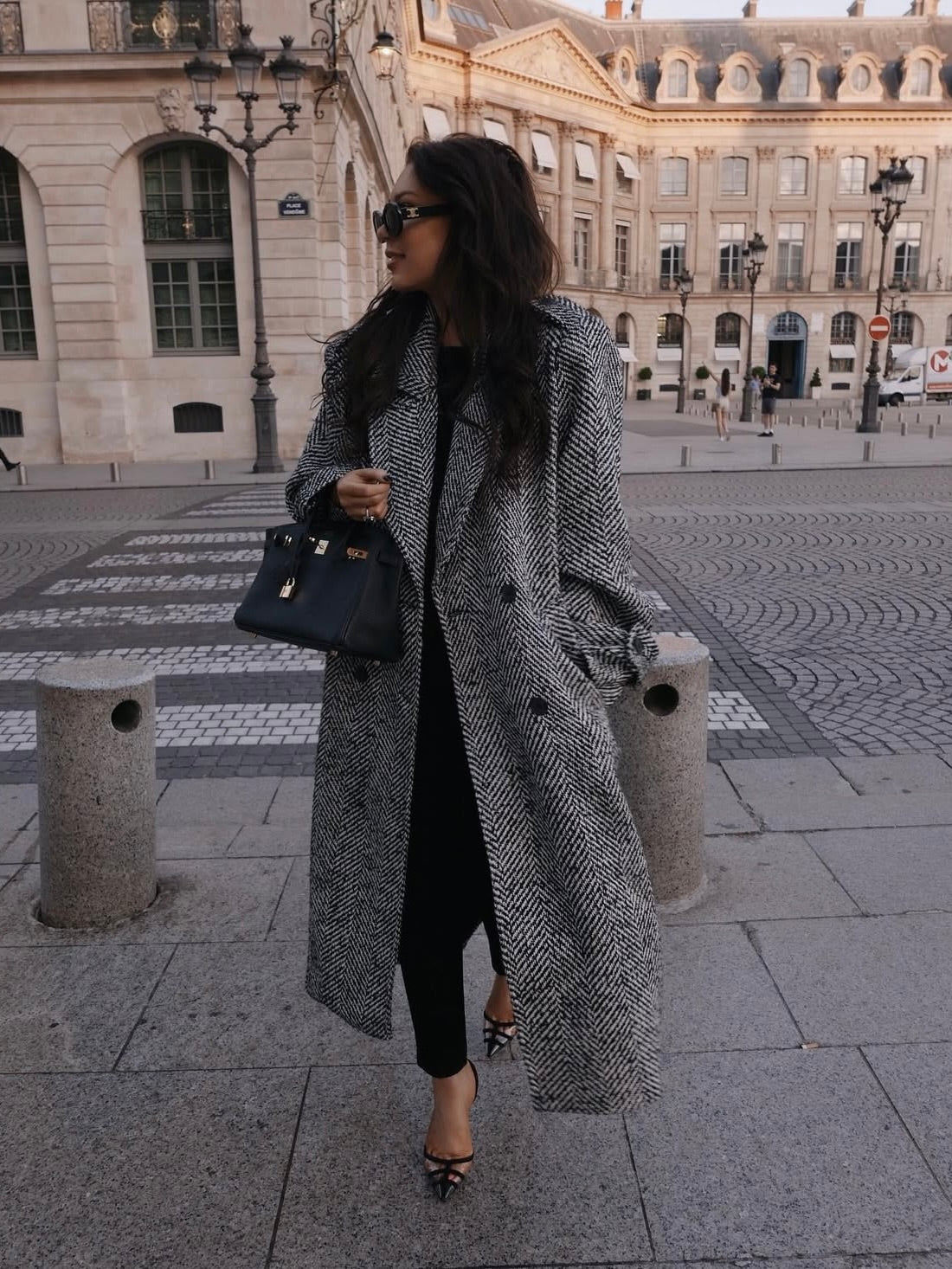 'MORGAN' HERRINGBONE DOUBLE BREASTED BELTED COAT BLACK