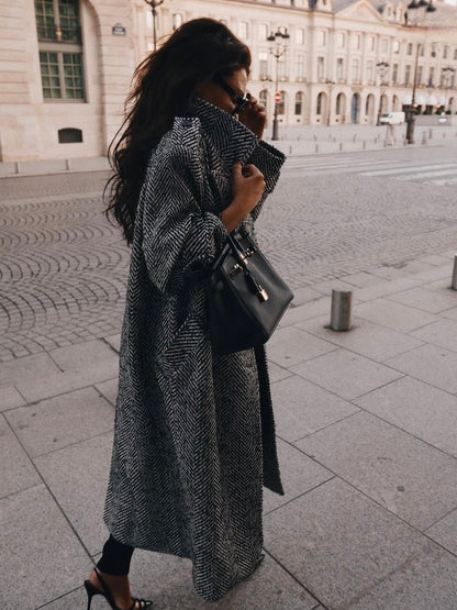 'MORGAN' HERRINGBONE DOUBLE BREASTED BELTED COAT BLACK