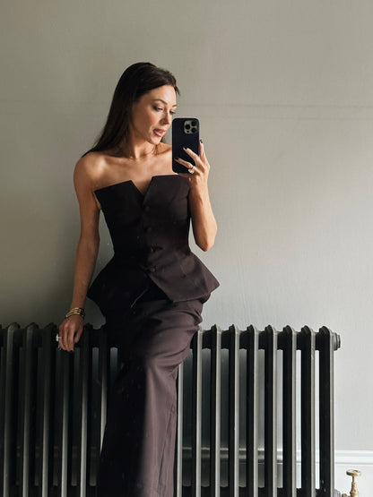 'BLAIR' EXAGGERATED SQUARE NECK BANDEAU TOP BROWN