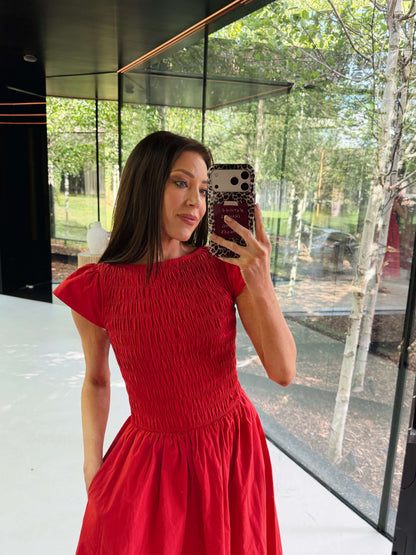 'ELIZABETH' SHIRRED BODICE SHORT SLEEVE MIDAXI DRESS RED