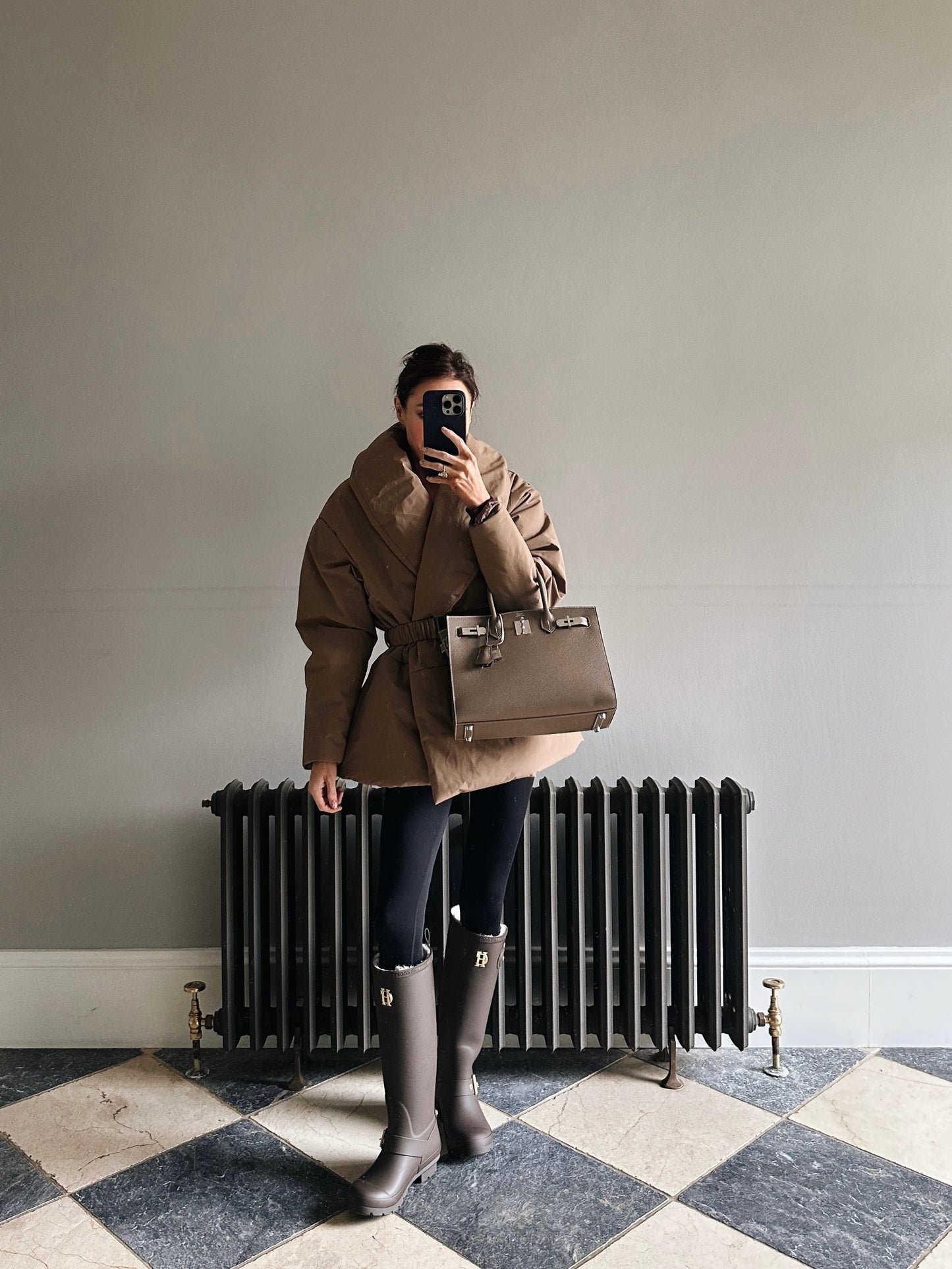 'MARAIS' SHAWL COLLAR BELTED PUFFER OVERSIZED JACKET BROWN