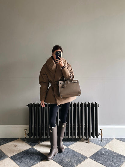 'MARAIS' SHAWL COLLAR BELTED PUFFER OVERSIZED JACKET BROWN