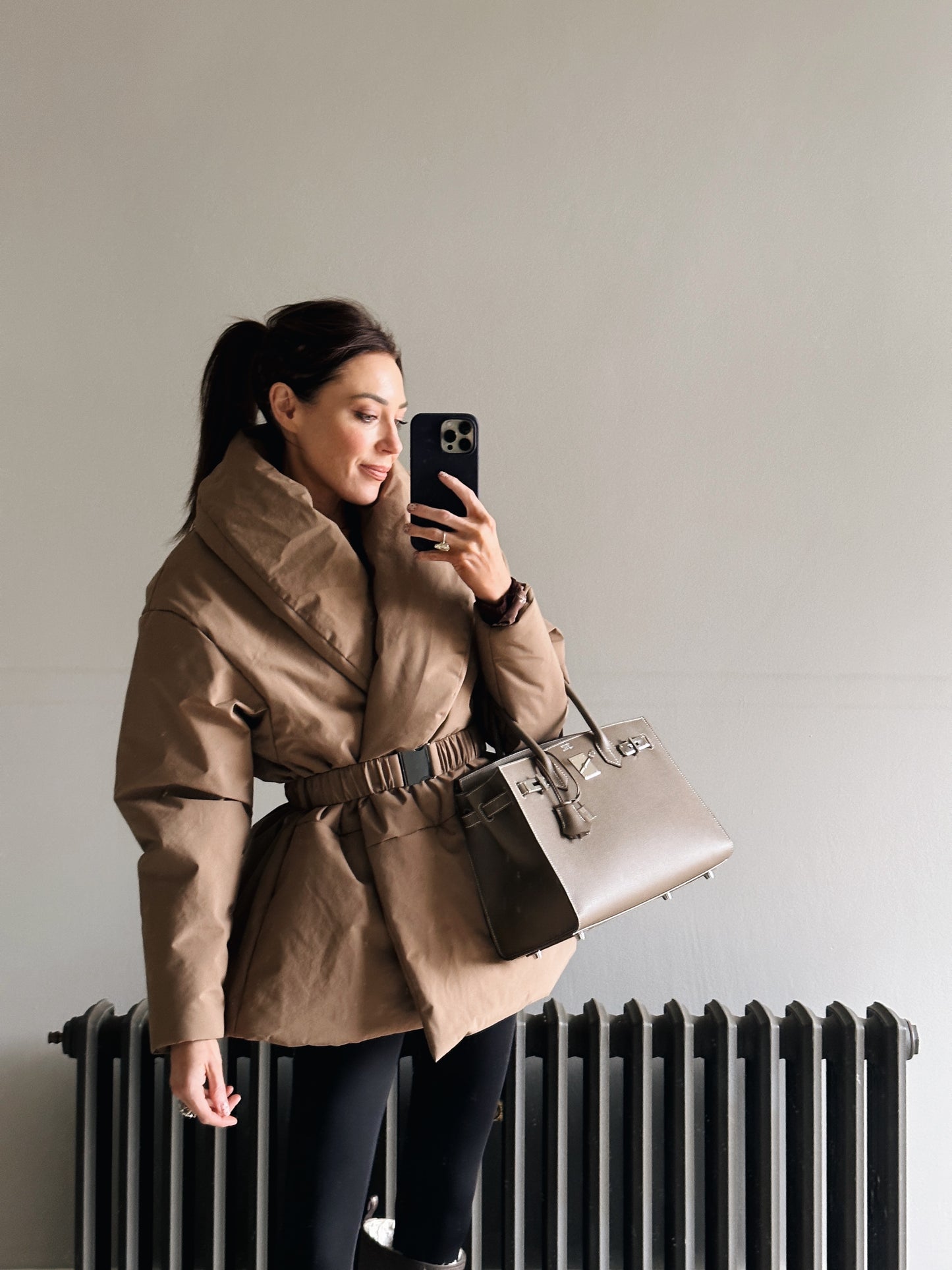 'MARAIS' SHAWL COLLAR BELTED PUFFER OVERSIZED JACKET BROWN