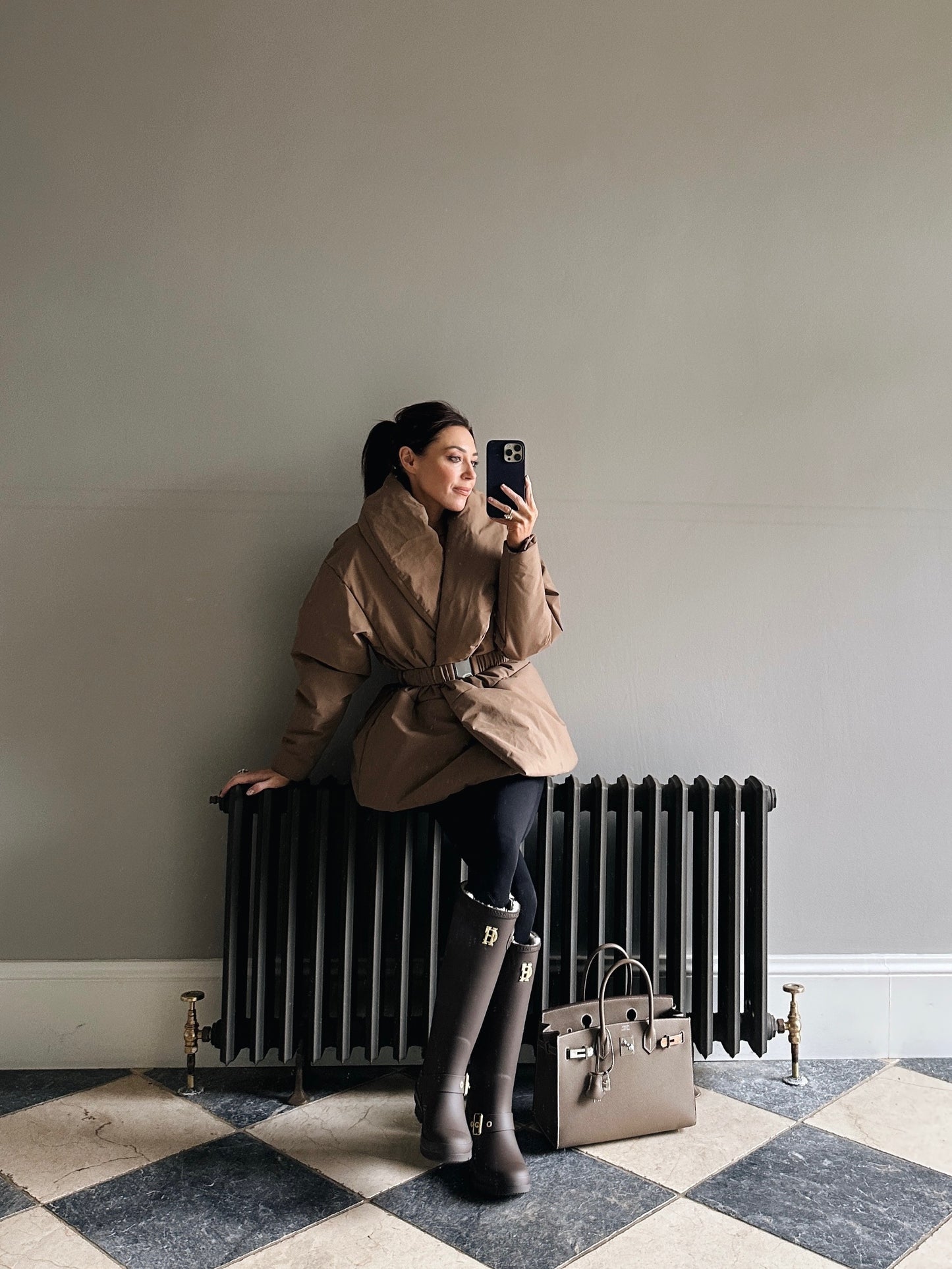 'MARAIS' SHAWL COLLAR BELTED PUFFER OVERSIZED JACKET BROWN