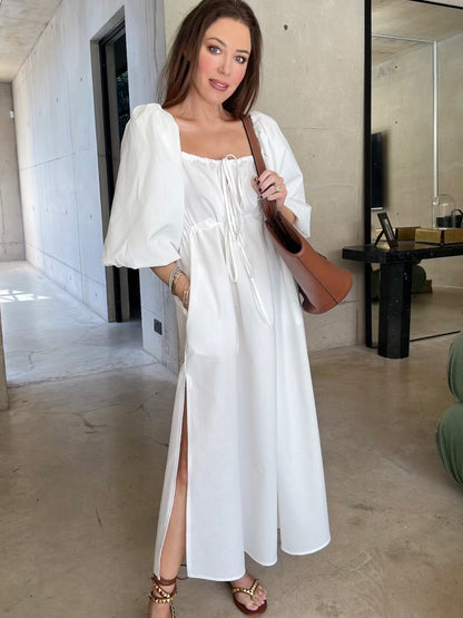 'HERA' SQUARE NECK BALLOON SLEEVE MIDAXI DRESS WHITE