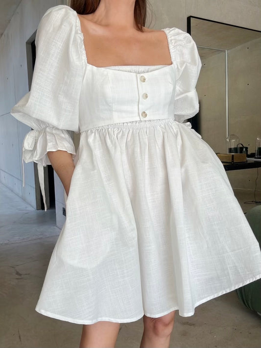 'ALTHEA' SQUARE NECK BUTTON UP BABYDOLL MINI DRESS WHITE