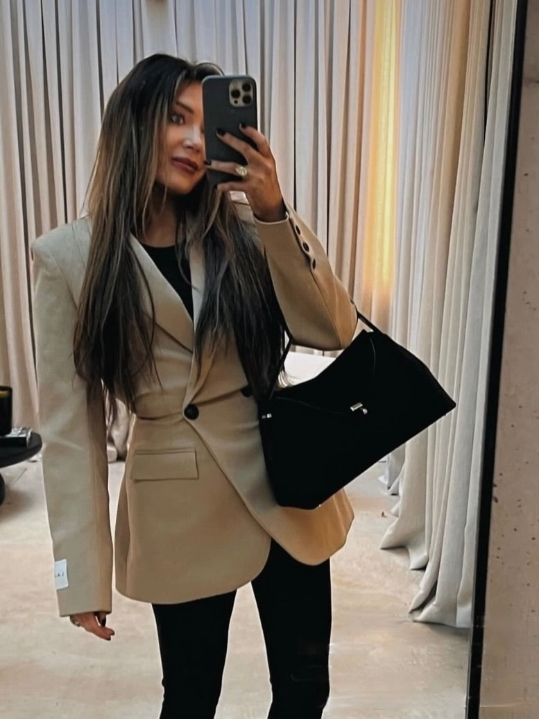 'ASTON' STRUCTURED HOURGLASS CINCHED WAIST BLAZER CAMEL