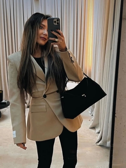 'ASTON' STRUCTURED HOURGLASS CINCHED WAIST BLAZER CAMEL