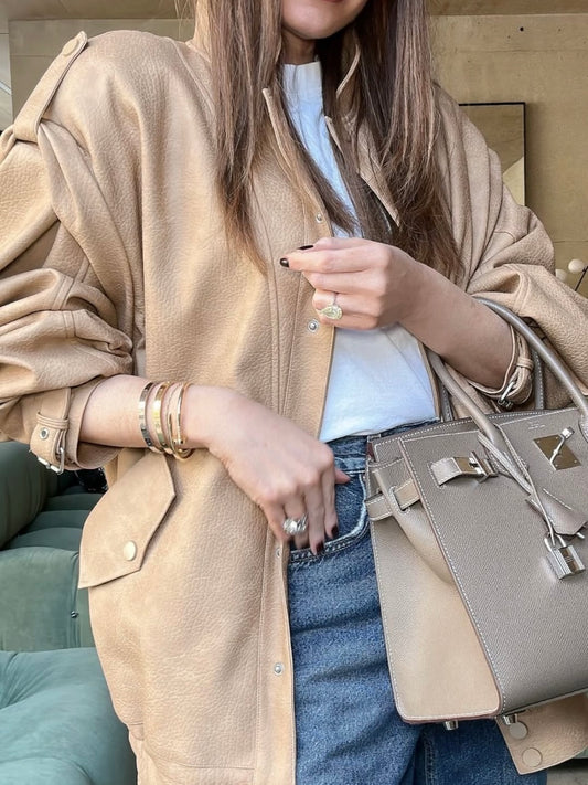 'SIENNA' FAUX LEATHER OVERSIZED MULTI WAY JACKET CAMEL