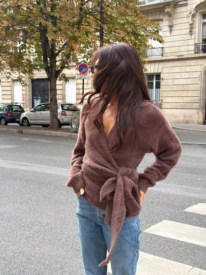‘POESY’ EYELASH KNITTED BALLERINA WRAP CARDIGAN BROWN