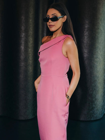 'JACKIE O' OFF THE SHOULDER HOURGLASS MIDI DRESS PINK