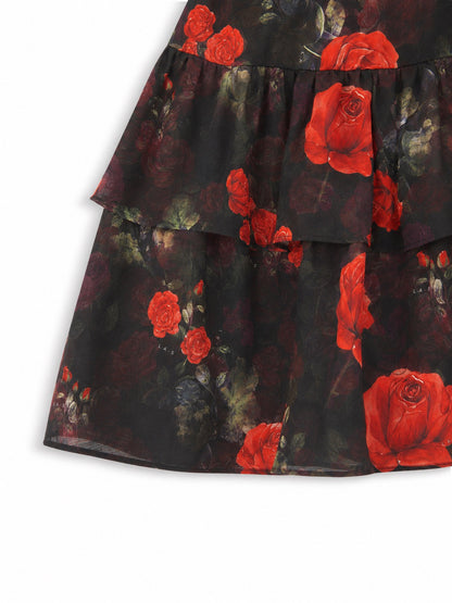 'I HEART NYC' ROSE PRINT TIERED RUFFLE SKORT BLACK