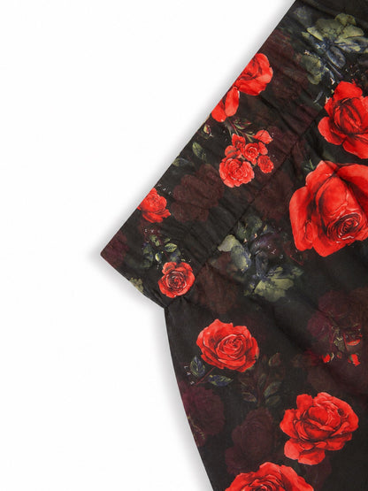 'I HEART NYC' ROSE PRINT TIERED RUFFLE SKORT BLACK
