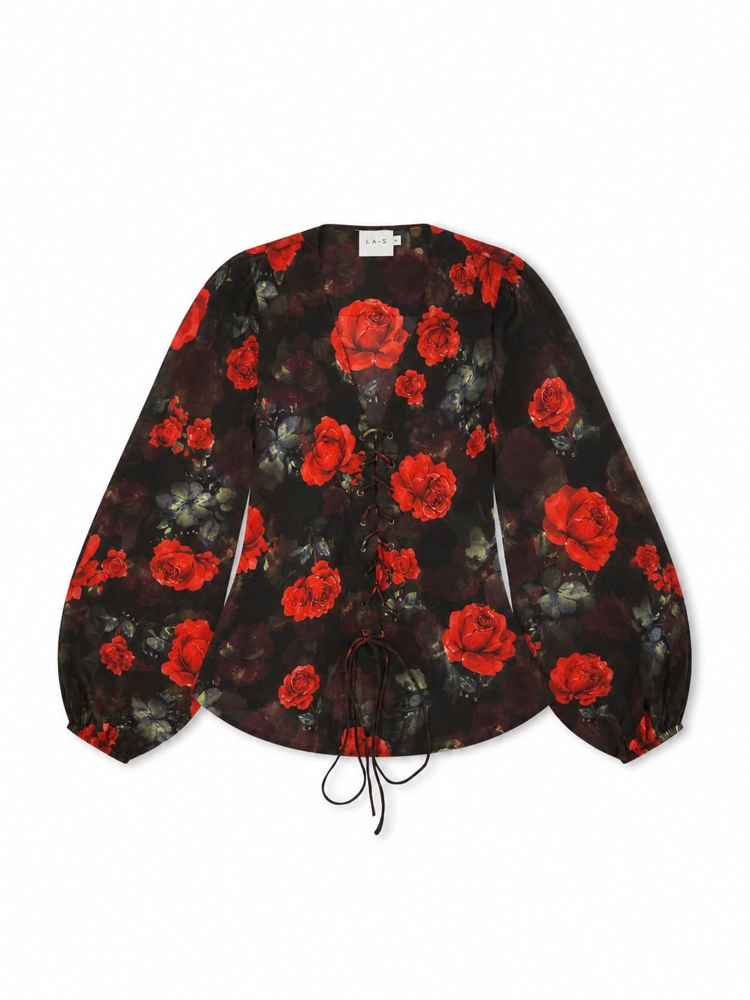 'I HEART NYC' ROSE PRINT LACE UP BLOUSE BLACK