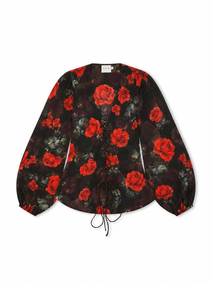 'I HEART NYC' ROSE PRINT LACE UP BLOUSE BLACK