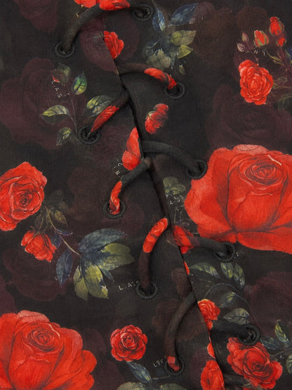 'I HEART NYC' ROSE PRINT LACE UP BLOUSE BLACK