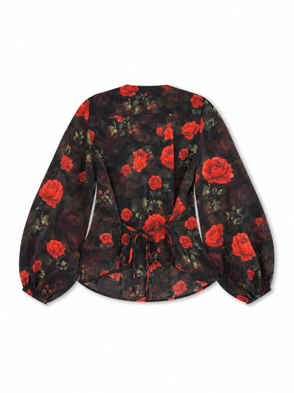 'I HEART NYC' ROSE PRINT LACE UP BLOUSE BLACK