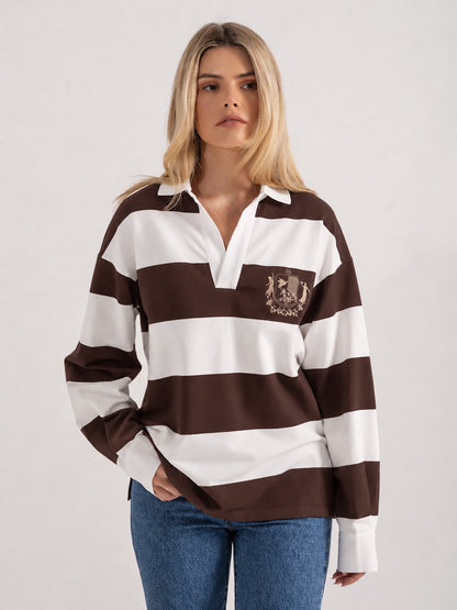 'CLEMENCE' VARSITY STRIPED RUGBY TOP BROWN