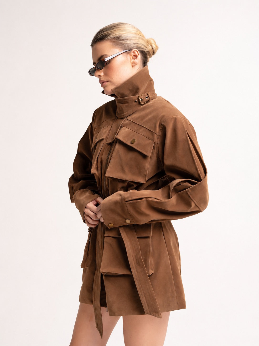 ‘STEVIE' FAUX SUEDE UTILITY HOURGLASS JACKET BROWN