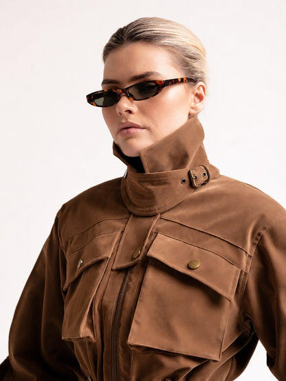 ‘STEVIE' FAUX SUEDE UTILITY HOURGLASS JACKET BROWN