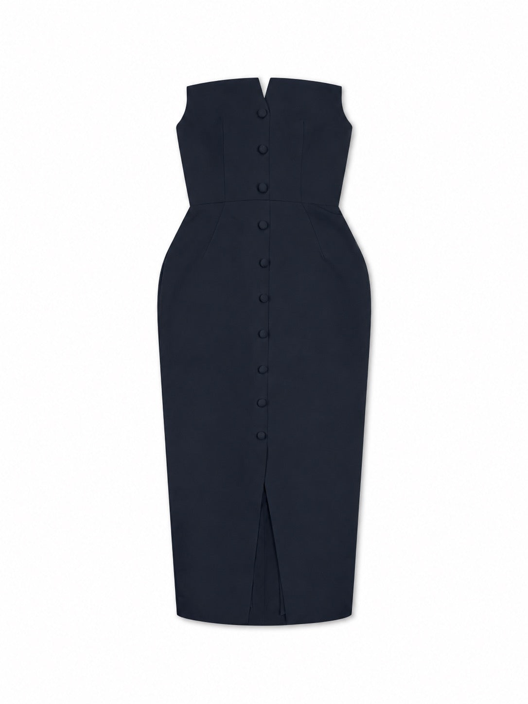 'MARILYN' EXAGGERATED SQUARE BANDEAU BUTTON DETAIL MIDI DRESS NAVY