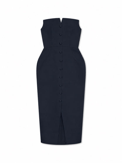 'MARILYN' EXAGGERATED SQUARE BANDEAU BUTTON DETAIL MIDI DRESS NAVY