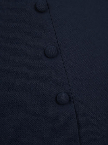 'MARILYN' EXAGGERATED SQUARE BANDEAU BUTTON DETAIL MIDI DRESS NAVY
