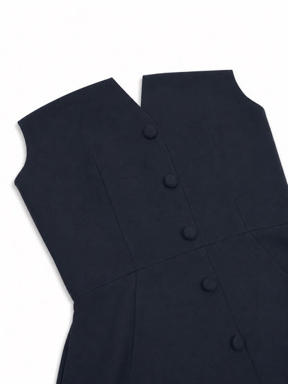 'MARILYN' EXAGGERATED SQUARE BANDEAU BUTTON DETAIL MIDI DRESS NAVY