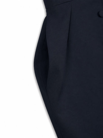 'MARILYN' EXAGGERATED SQUARE BANDEAU BUTTON DETAIL MIDI DRESS NAVY