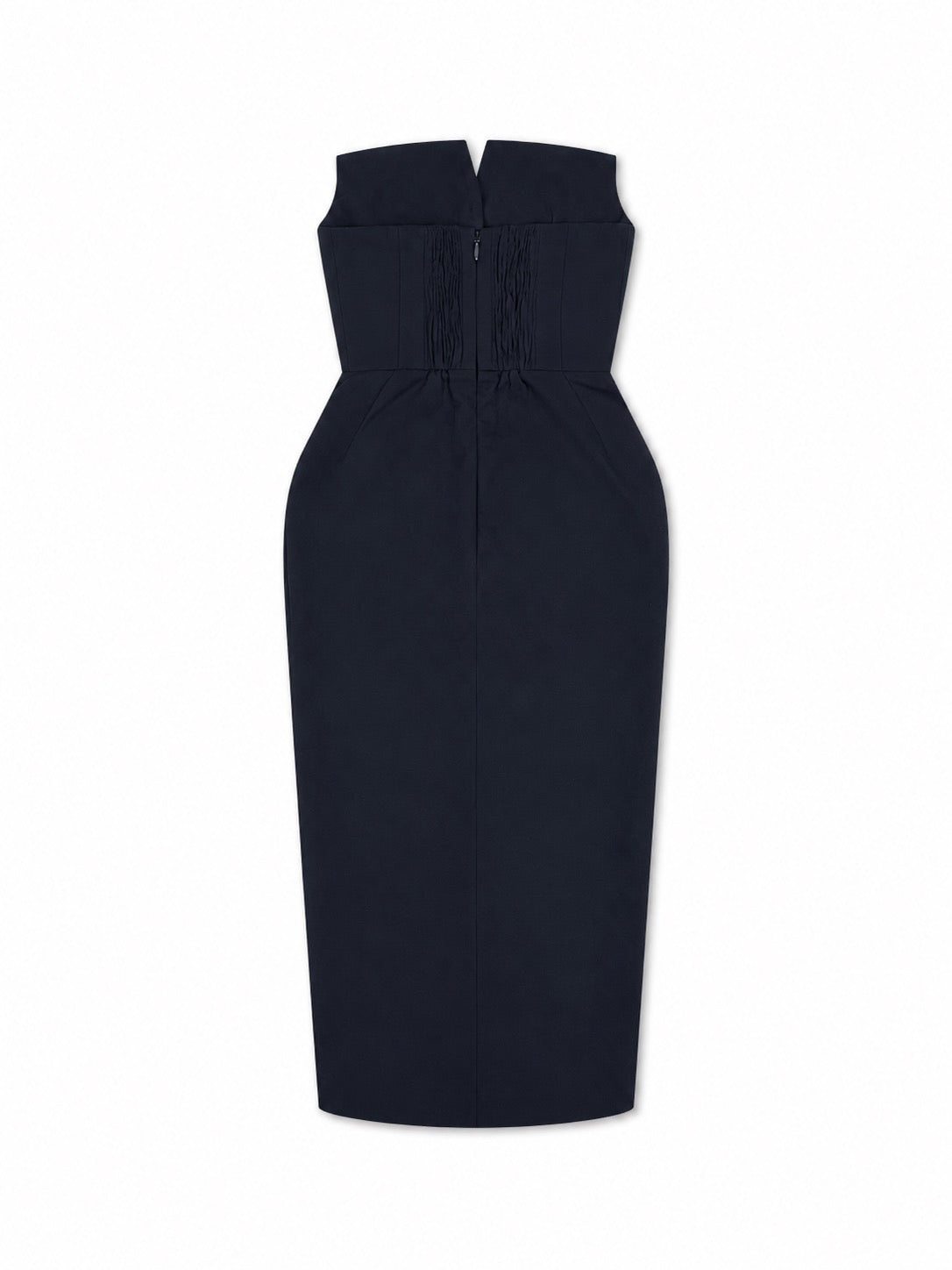 'MARILYN' EXAGGERATED SQUARE BANDEAU BUTTON DETAIL MIDI DRESS NAVY