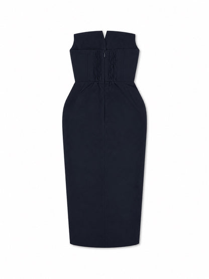 'MARILYN' EXAGGERATED SQUARE BANDEAU BUTTON DETAIL MIDI DRESS NAVY