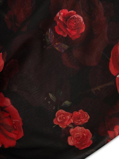 'I HEART NYC' ROSE PRINT LACE UP BLOUSE BLACK