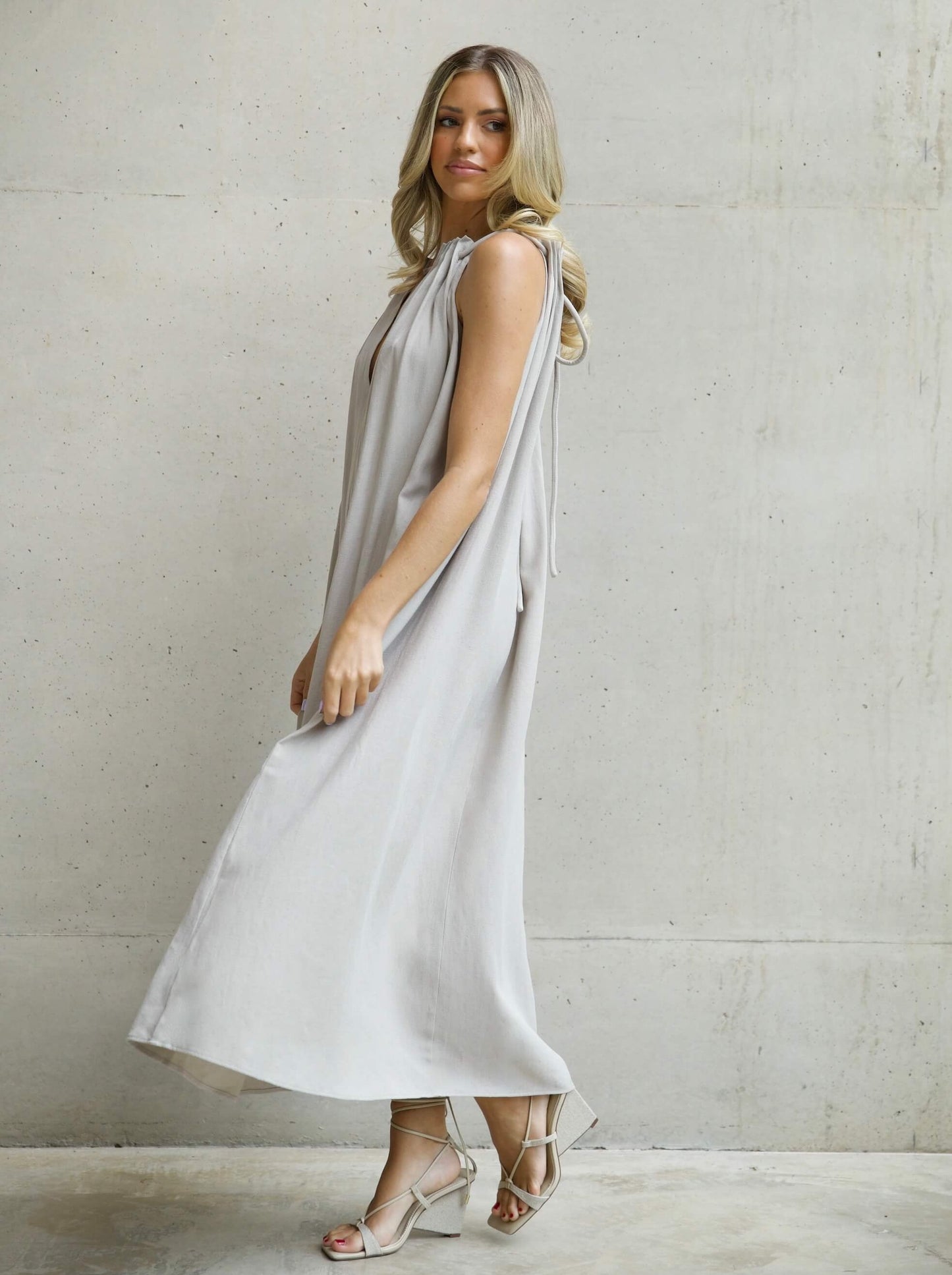 'MARIA' ROPE DETAIL RUCHED NECK MAXI DRESS STONE