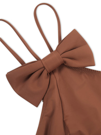 'VIENNA' ONE SHOULDER BOW DETAIL SWIMSUIT BROWN