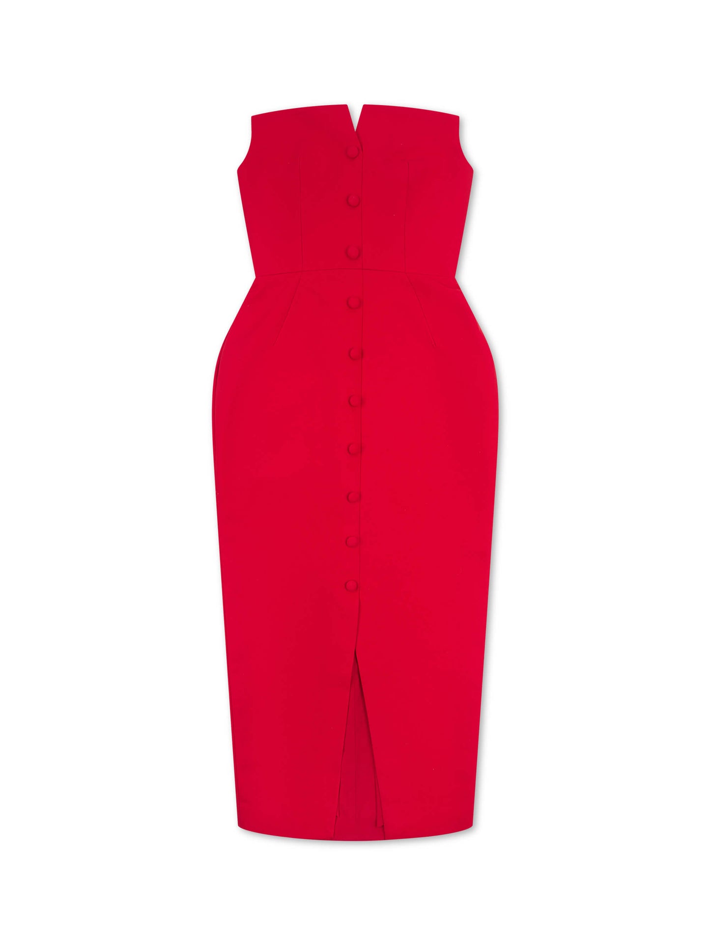 'MARILYN' EXAGGERATED SQUARE BANDEAU BUTTON DETAIL MIDI DRESS RED