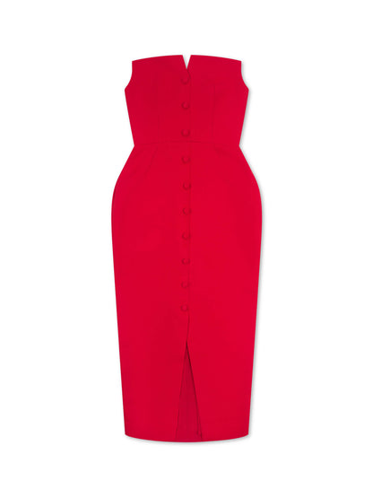'MARILYN' EXAGGERATED SQUARE BANDEAU BUTTON DETAIL MIDI DRESS RED