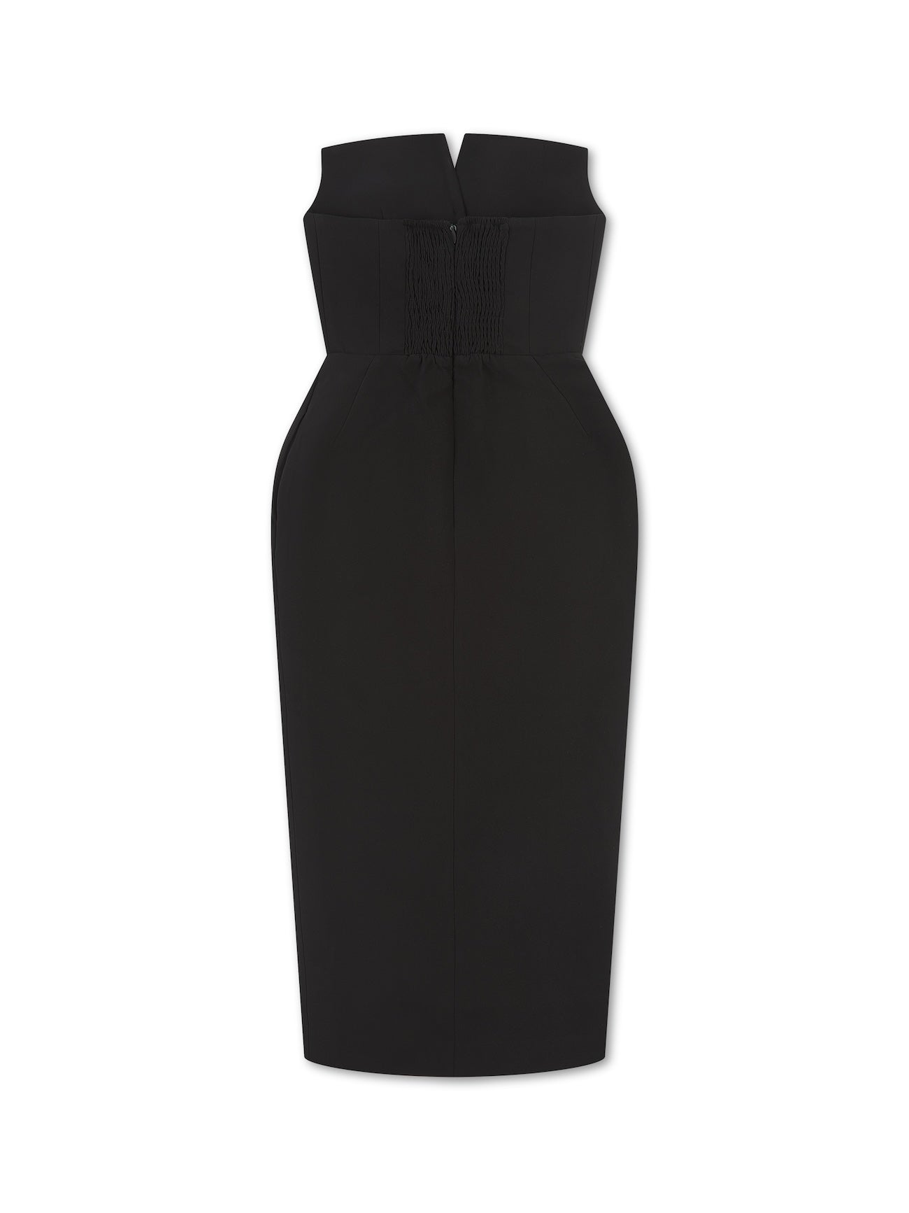 'MARILYN' EXAGGERATED SQUARE BANDEAU BUTTON DETAIL MIDI DRESS BLACK