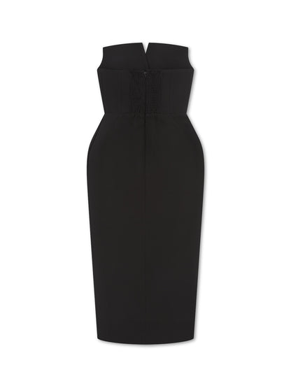 'MARILYN' EXAGGERATED SQUARE BANDEAU BUTTON DETAIL MIDI DRESS BLACK