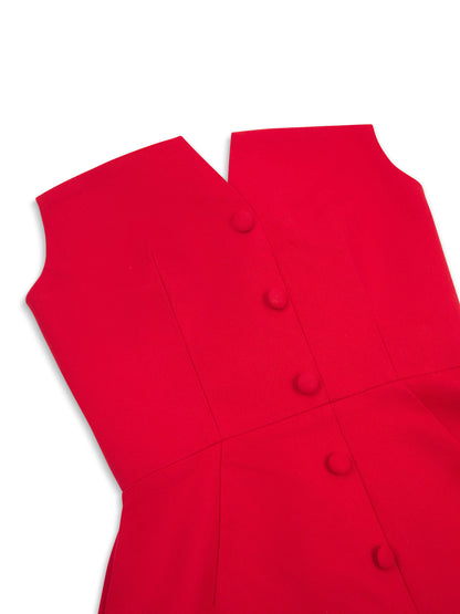 'MARILYN' EXAGGERATED SQUARE BANDEAU BUTTON DETAIL MIDI DRESS RED