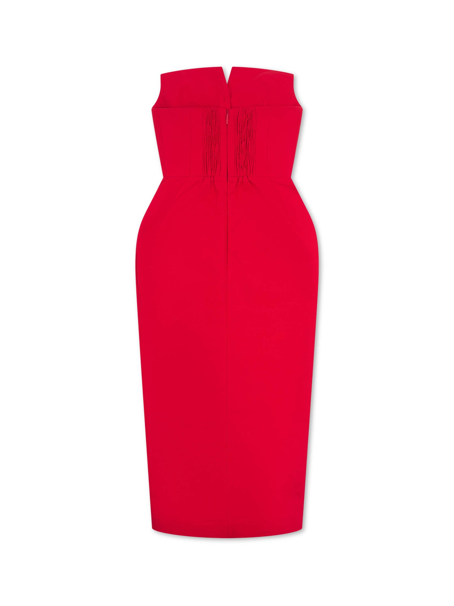 'MARILYN' EXAGGERATED SQUARE BANDEAU BUTTON DETAIL MIDI DRESS RED