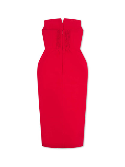 'MARILYN' EXAGGERATED SQUARE BANDEAU BUTTON DETAIL MIDI DRESS RED