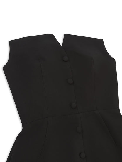 'MARILYN' EXAGGERATED SQUARE BANDEAU BUTTON DETAIL MIDI DRESS BLACK