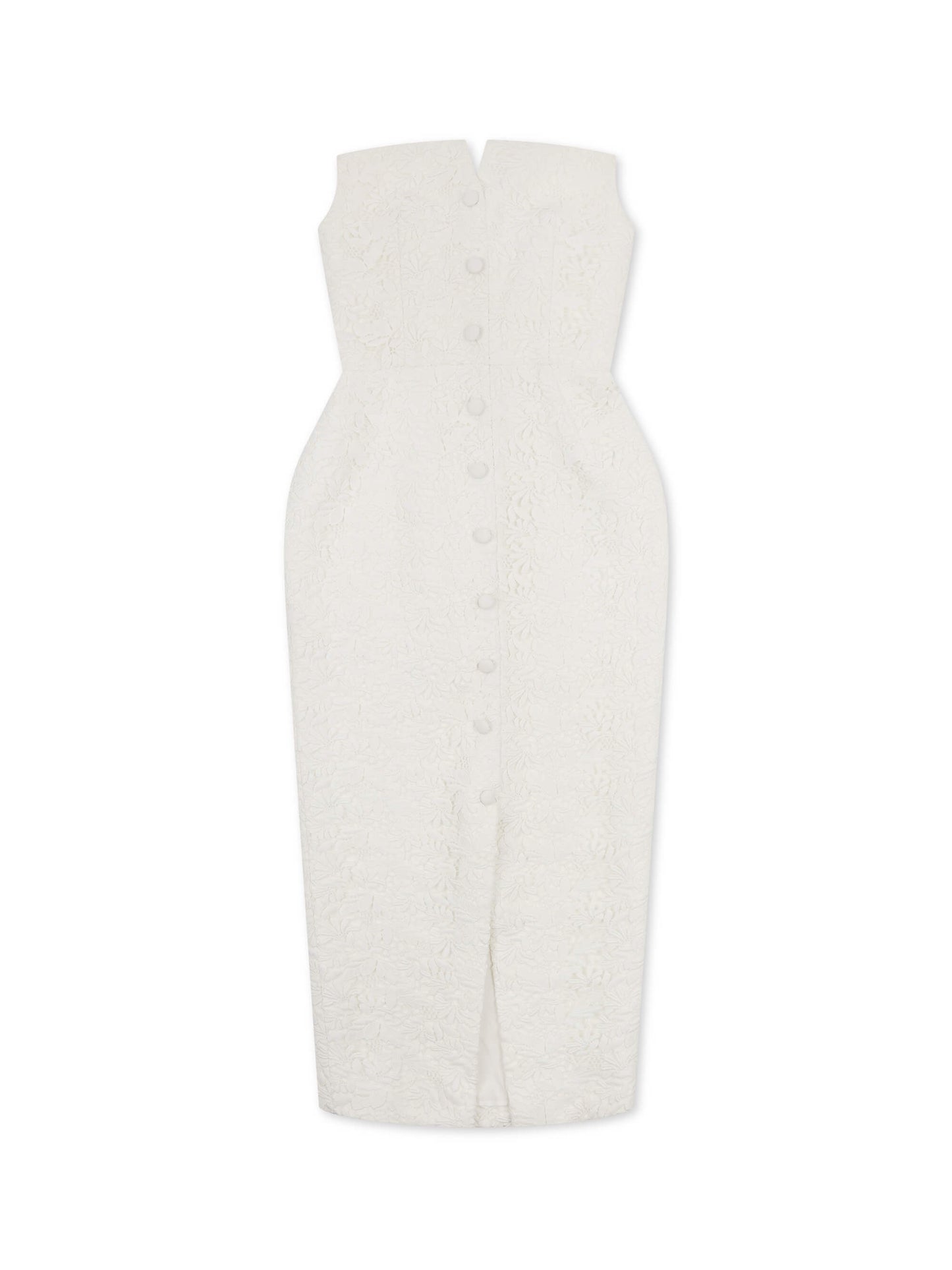 'MARILYN' EXAGGERATED SQUARE BANDEAU BUTTON DETAIL MIDI DRESS WHITE
