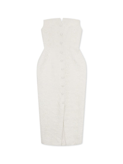 'MARILYN' EXAGGERATED SQUARE BANDEAU BUTTON DETAIL MIDI DRESS WHITE